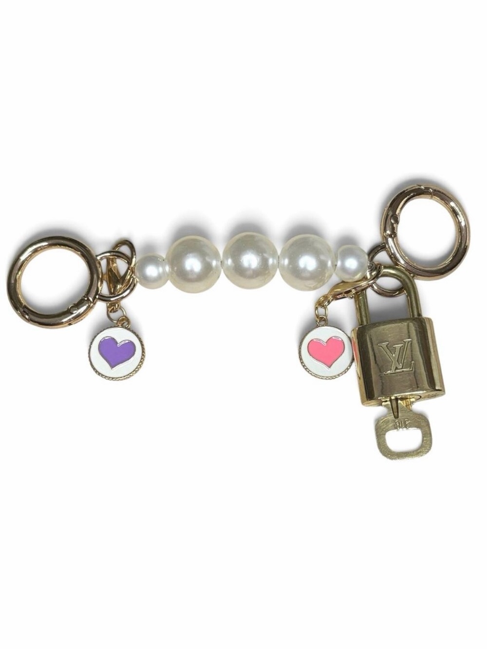 Louis Vuitton Lock & Key #318 w/a Pearl Bar & Pink Purple Heart Charms Keychain